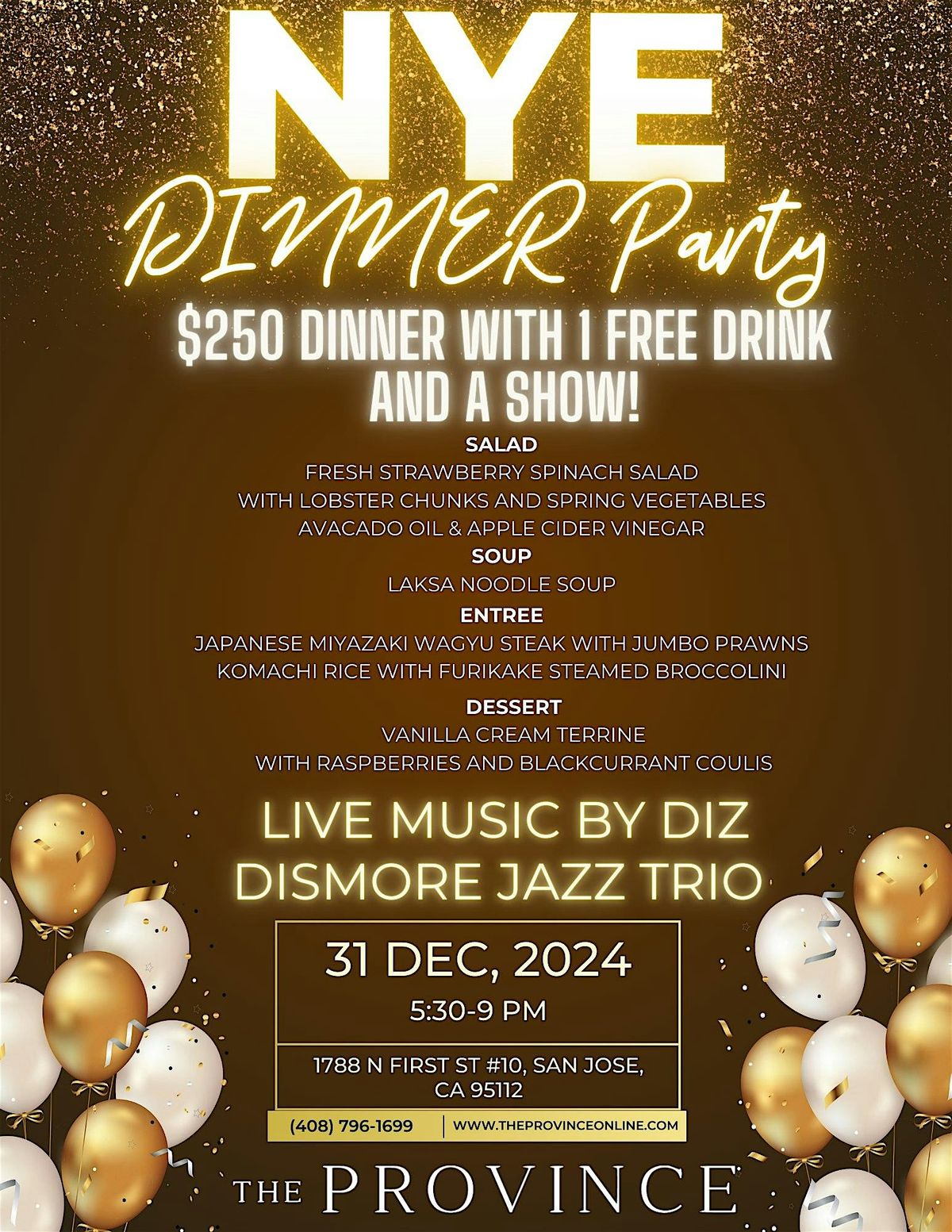 THE PROVINCE NYE DINNER PARTY! WITH SPECIAL GUEST: DIZ DISMORE JAZZ TRIO