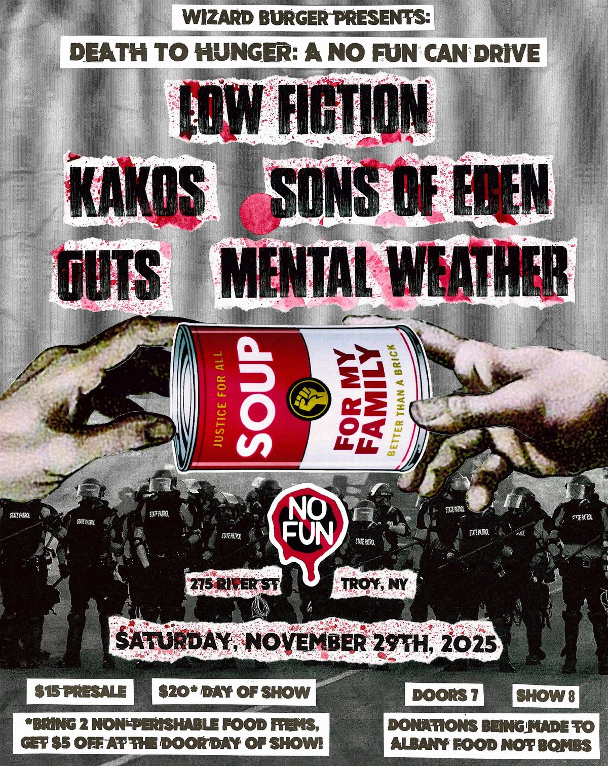 No Fun Food Drive: Low Fiction\/ Kakos\/Sons of Eden\/Guts\/Mental Weather