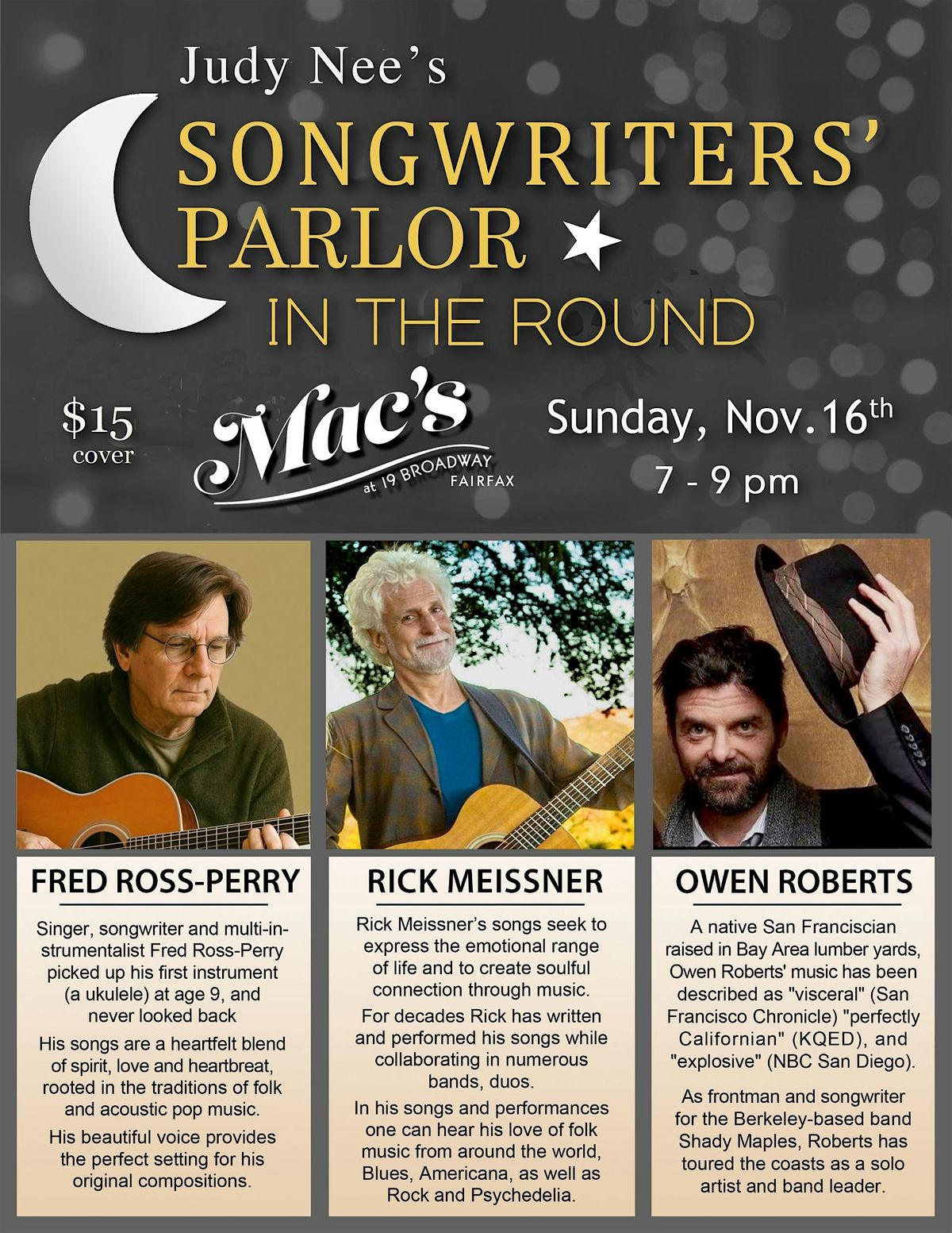Judy Nee\u2019s Songwriters\u2019 Parlor in the Round \u2014 Live at Mac\u2019s in Fairfax