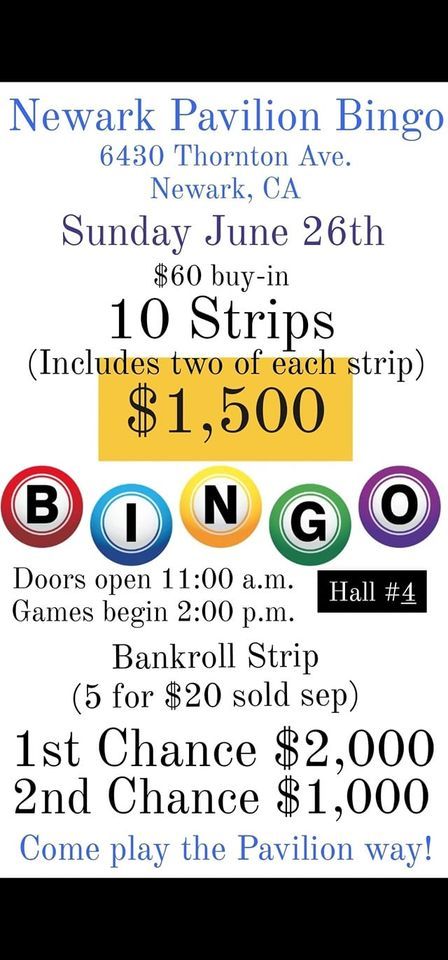 Newark Pavilion Bingo Sunday June 26th