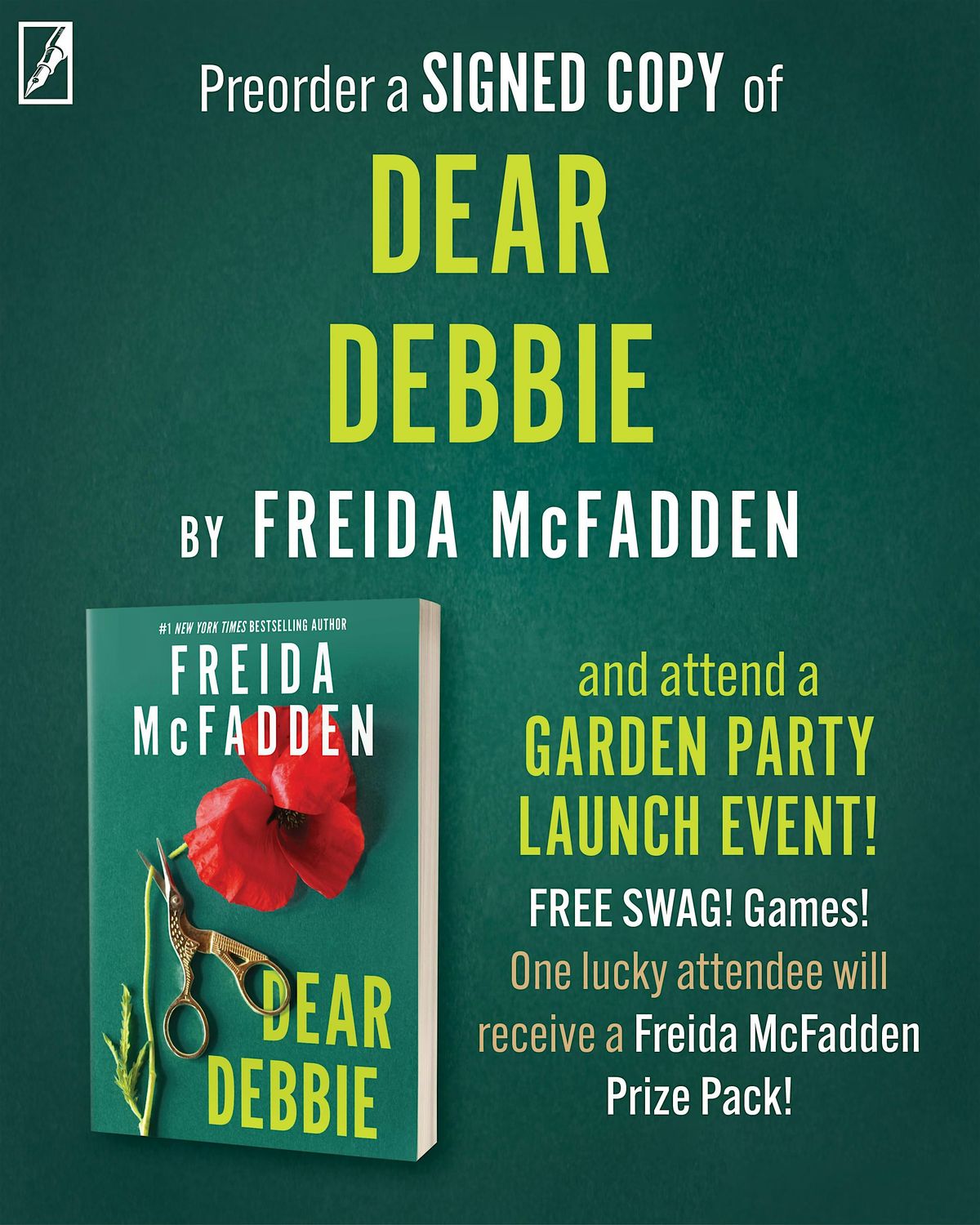 Dear Debbie by Freida McFadden Garden Party Launch Event with Signed Book
