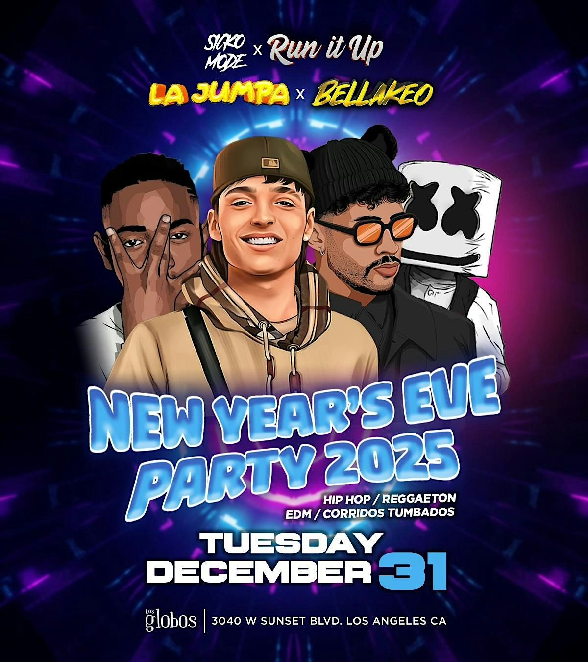 18 + TUESDAY DEC 31 NEW YEAR\u2019S EVE PARTY LOS GLOBOS TICKETS HERE