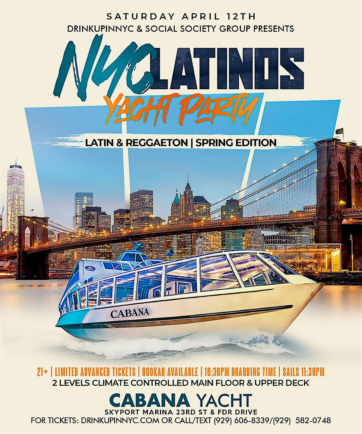 Sat, April 12: Latinos Sunset Yacht Party on East & Hudson River