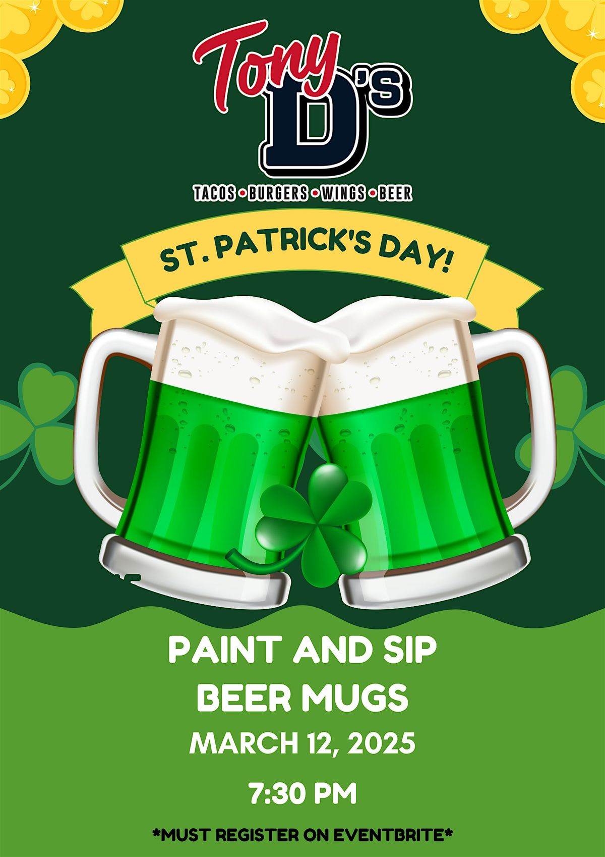 St. Patrick's Sip and Paint Beer Mug at Tony D's