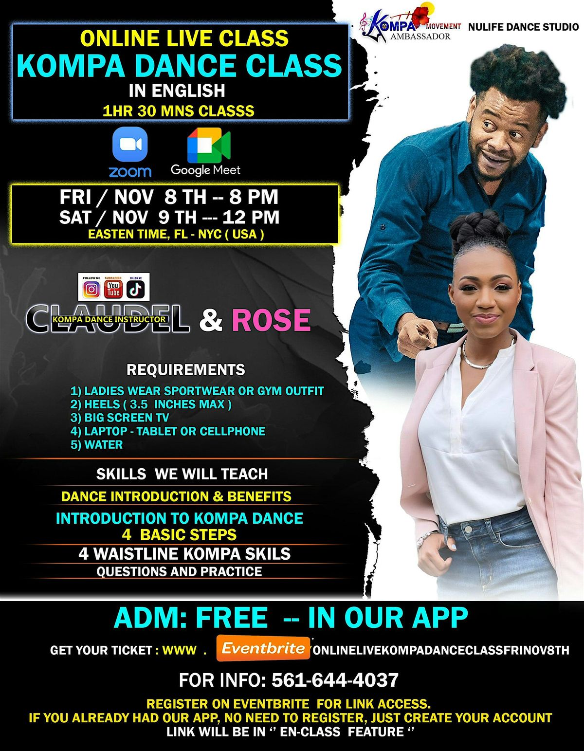 LIVE ONLINE KOMPA CLASS,  FRI NOV  8TH  WITH CLAUDEL AND ROSE  IN ENGLISH