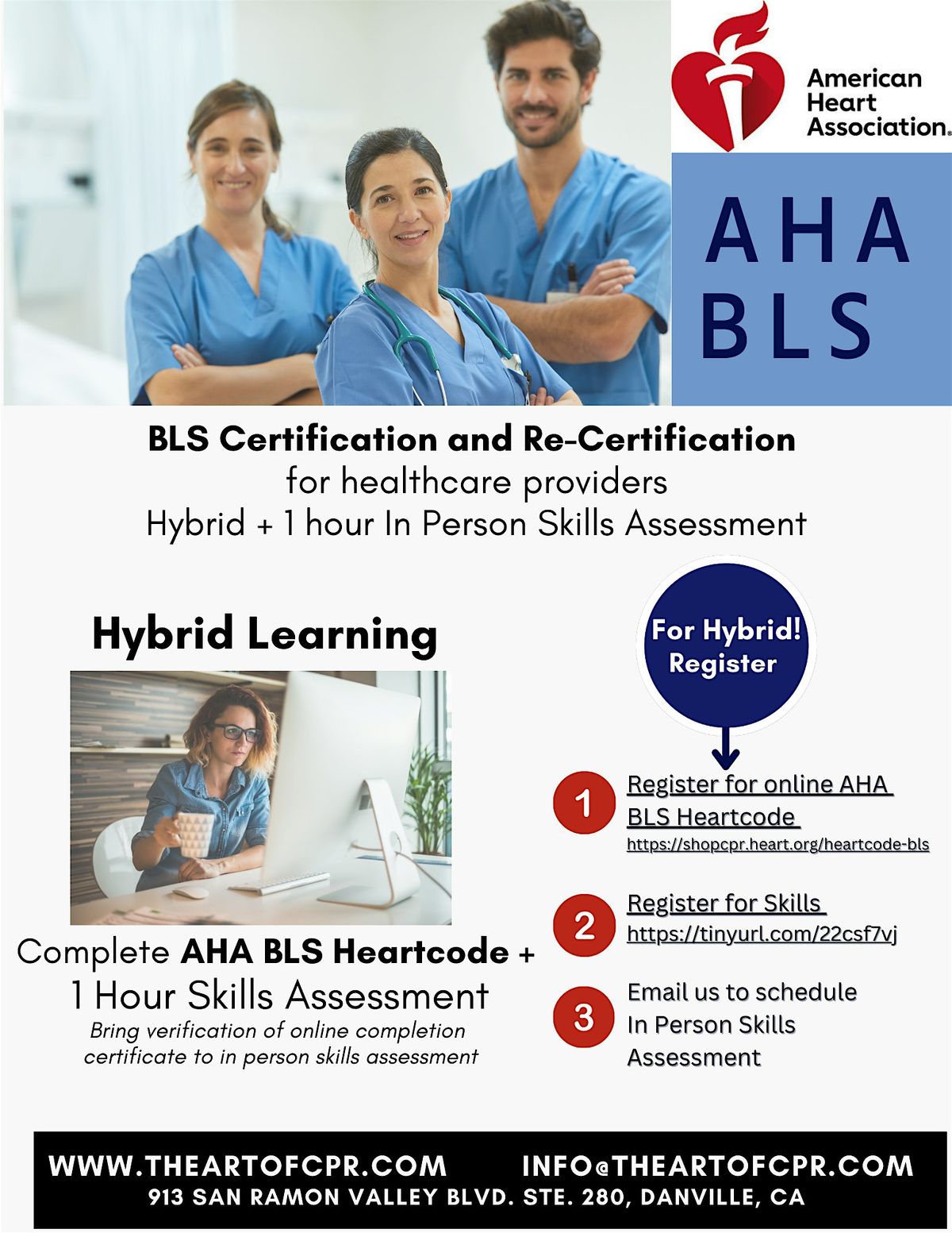 AHA BLS Certification and ReCert- Hybrid  ( Online + 1hr Skills Assessment)