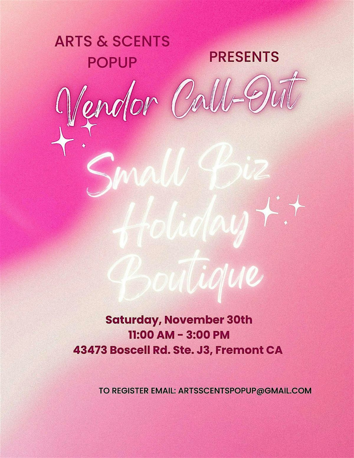 Welcome to the Arts & Scents Small Biz Holiday Boutique Call for VENDORS!