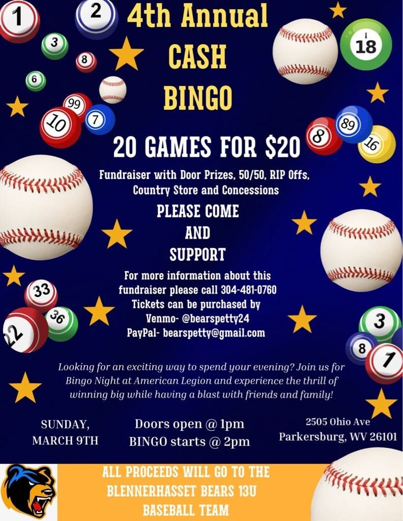 4th Annual Blennerhassett Bears Cash Bingo