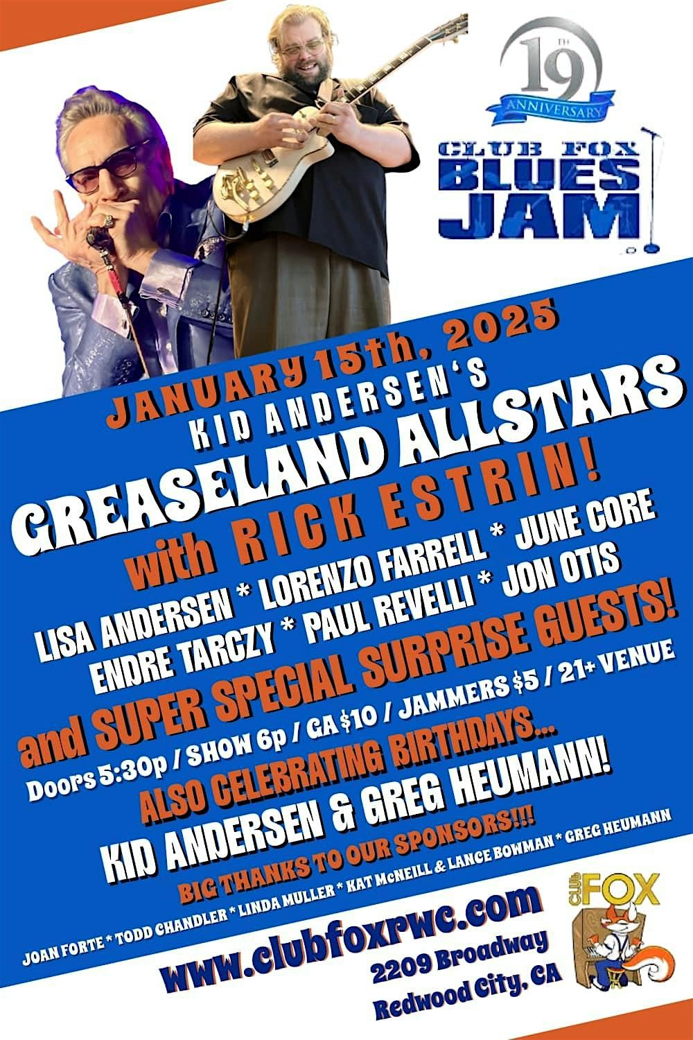 Club Fox Blues Jam GREASELAND ALLSTARS w\/RICK ESTRIN & MORE!