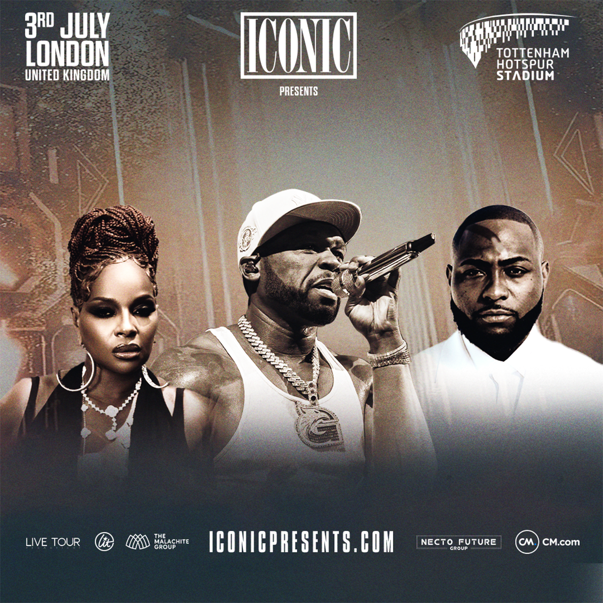 50 Cent with Mary J Blige and Davido at Tottenham Hotspur Stadium