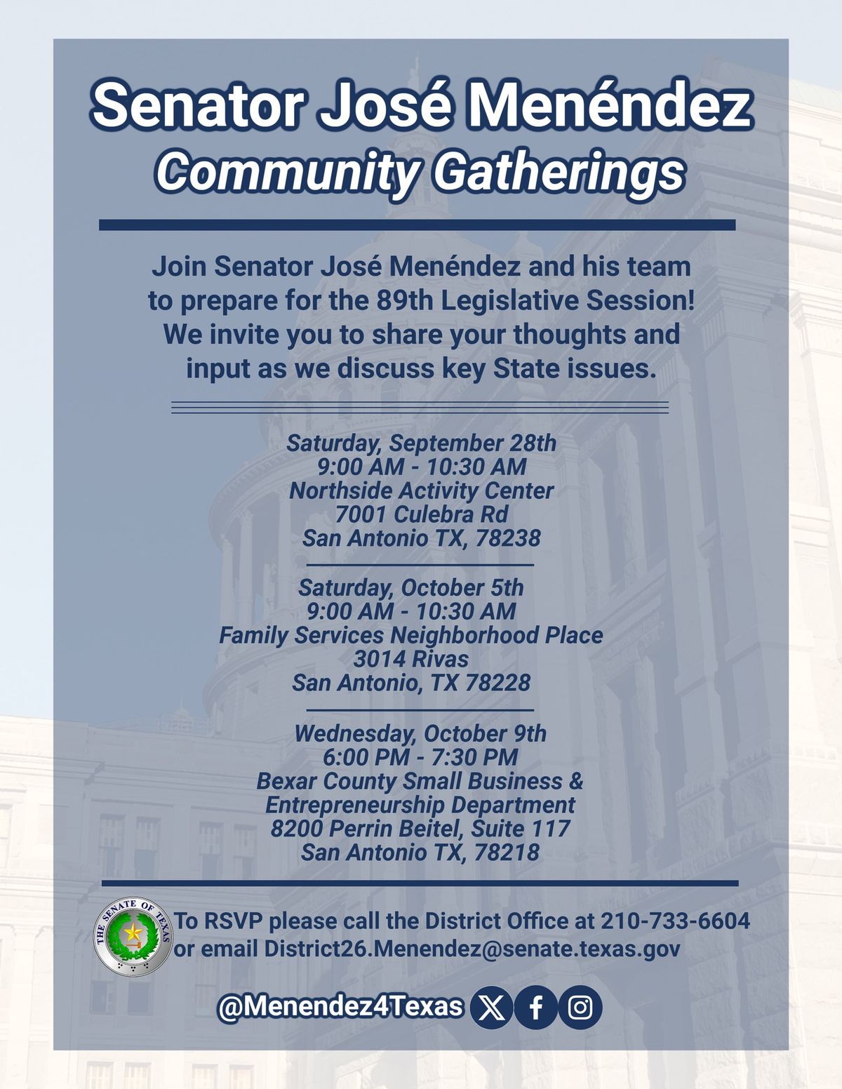 Senator Jos\u00e9 Men\u00e9ndez Community Gatherings