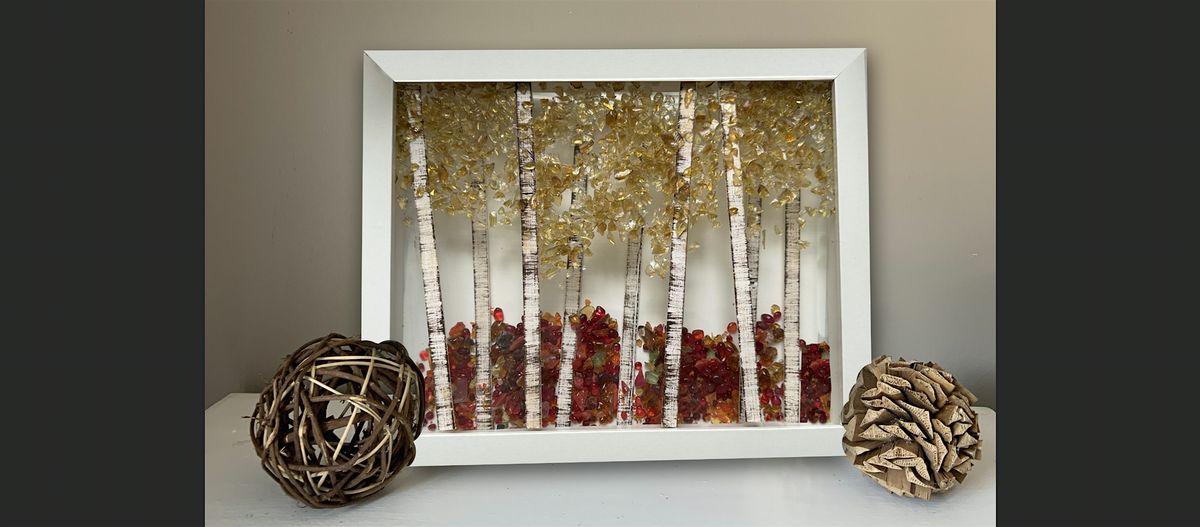 Autumn Birch Trees Wood & Crushed Glass in Frame Paint Art Sip Class