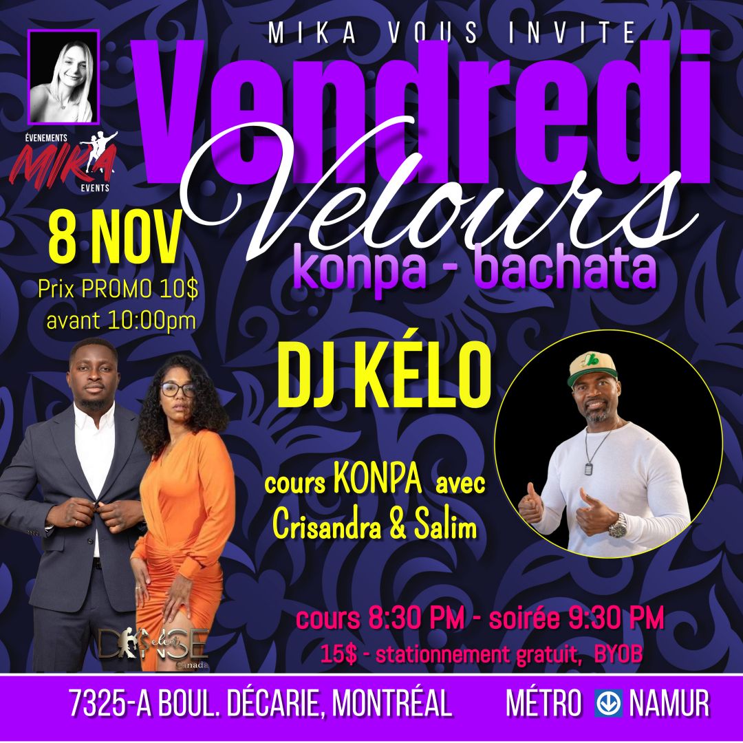 VENDREDI Velours, 8 nov. KONPA-BACHATA \ud83d\udc9c cours konpa 8:30 pm