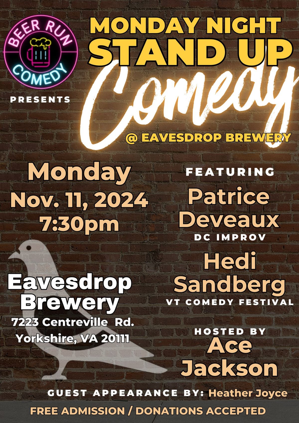 Beer Run Comedy presents: Monday Night Stand Up Comedy at Eavesdrop Brewery