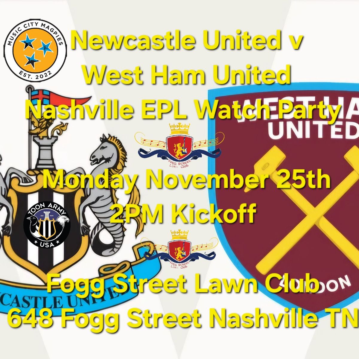 NUFC v West Ham (Nashville EPL watch party) 