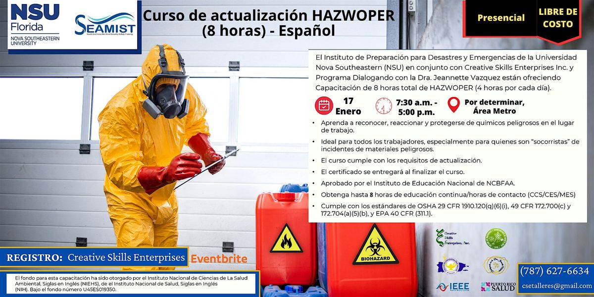 17 Enero Presencial Curso: Actualizaci\u00f3n HAZWOPER  (8 horas) - Espa\u00f1ol