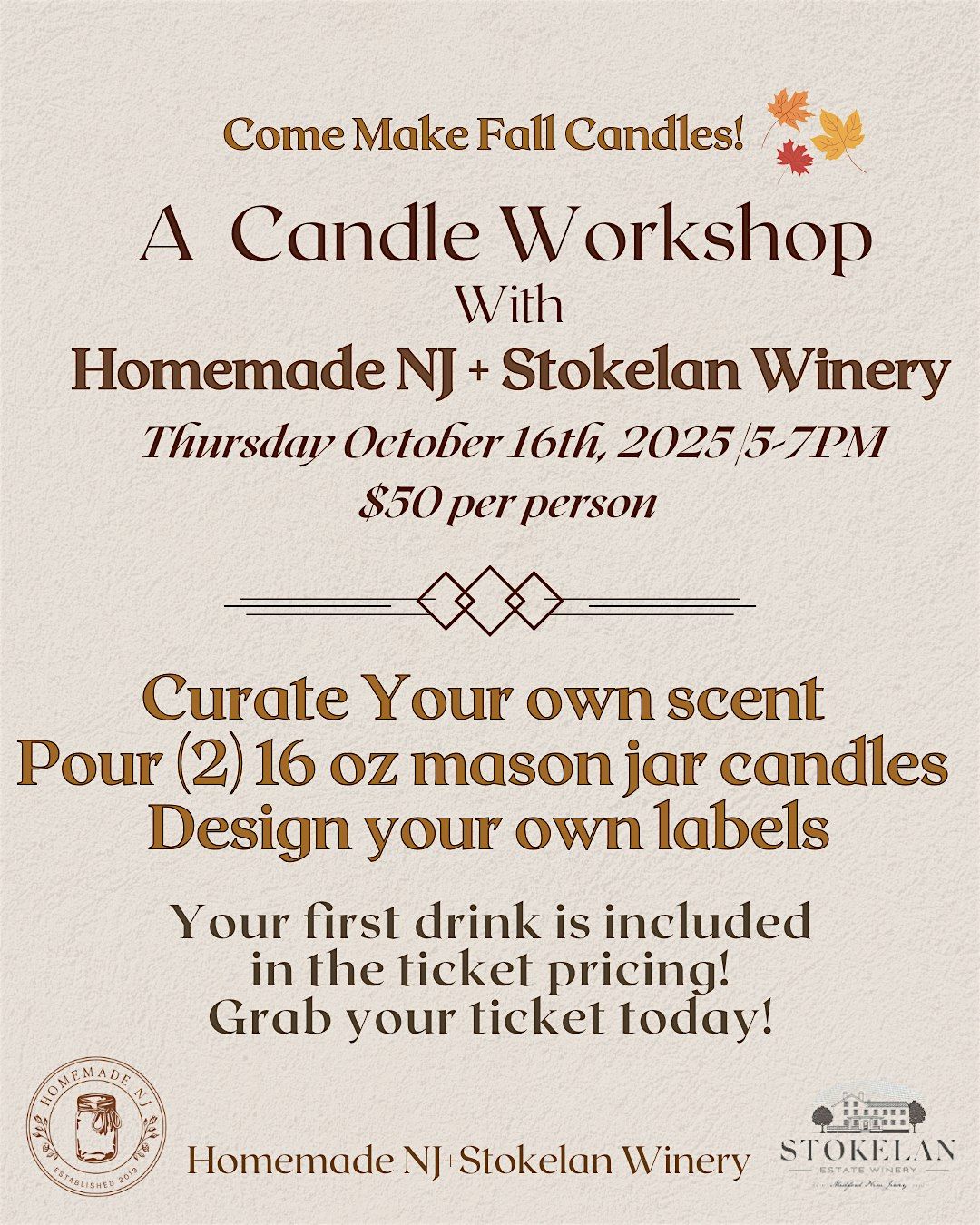THURSDAY OCTOBER 16TH FALL CANDLE WORKSHOP AT STOKELAN WINERY
