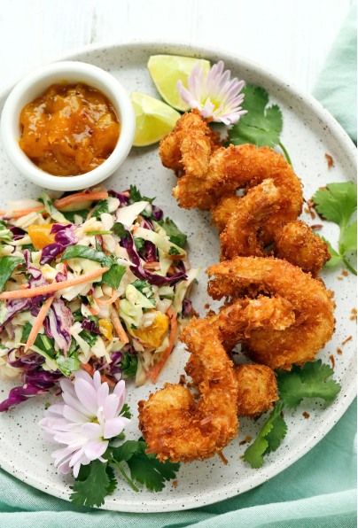 Cork 'N' Fork- Coconut shrimp with cilantro lime rice and Asian slaw