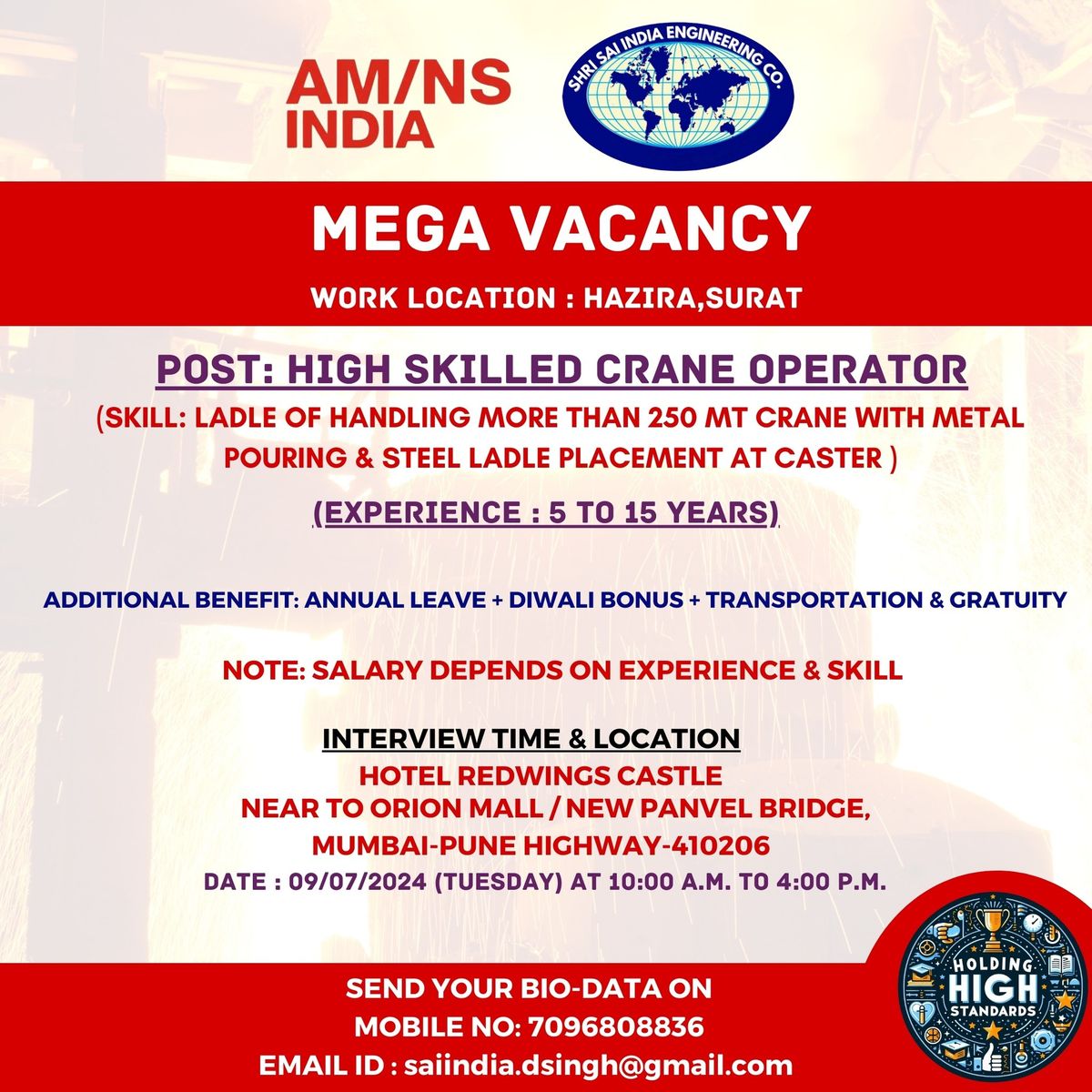 MEGA VACANCY AT AM\/NS Hazira SURAT SITE