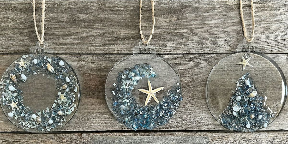 Set of 3 Crushed Glass Beach Shell Resin Christmas Ornaments Art Sip Class