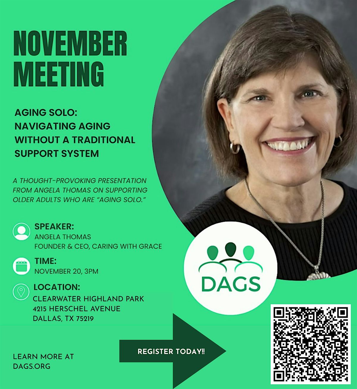 DAGS November Meeting | \u201cAging Solo\u201d with Angela Thomas, BSN, MSN, RN, CMC