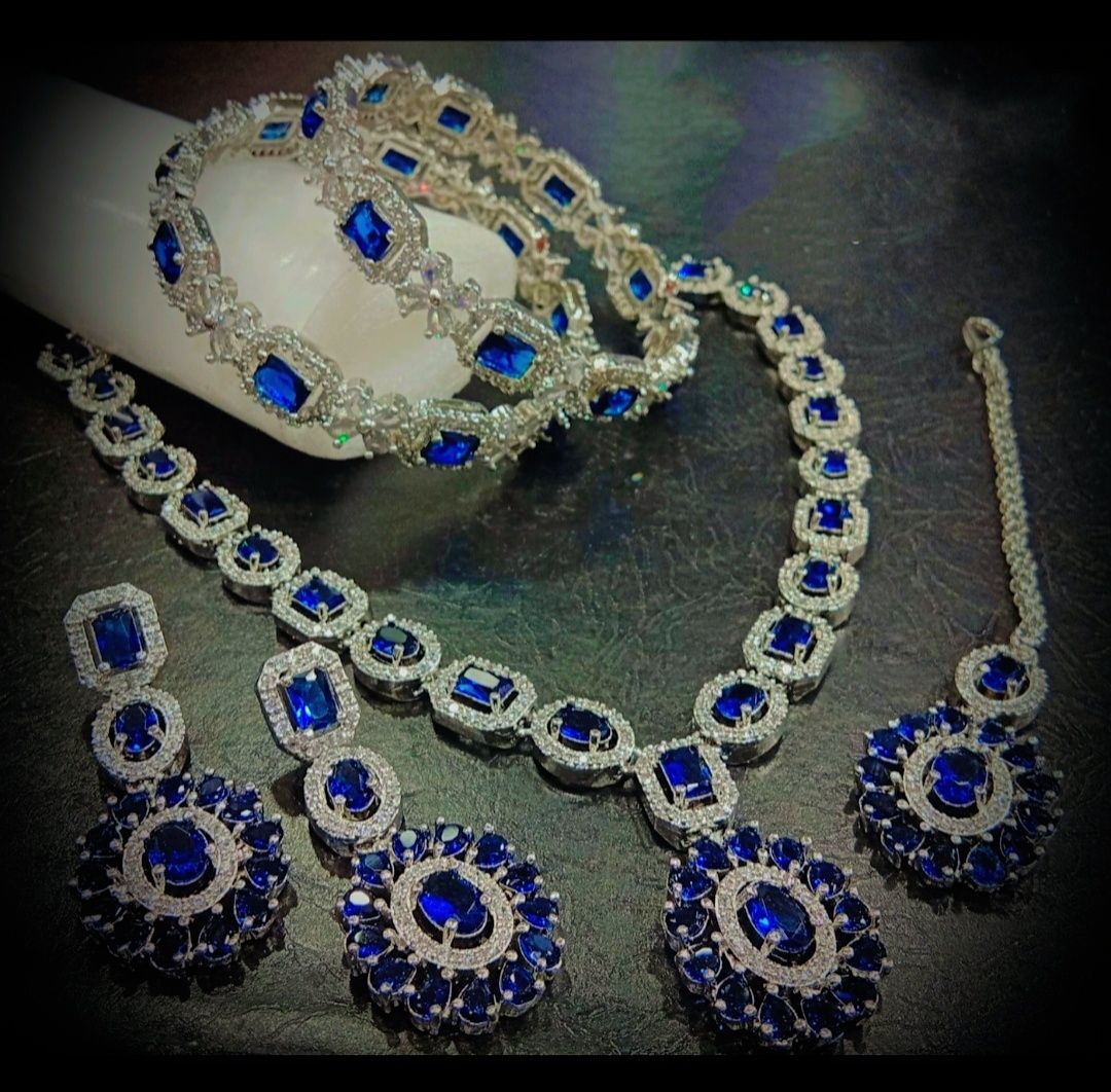 Beautiful Combo In Star Cut American Diamond & Cz Necklace with Earrings, Mangtika and Bangles