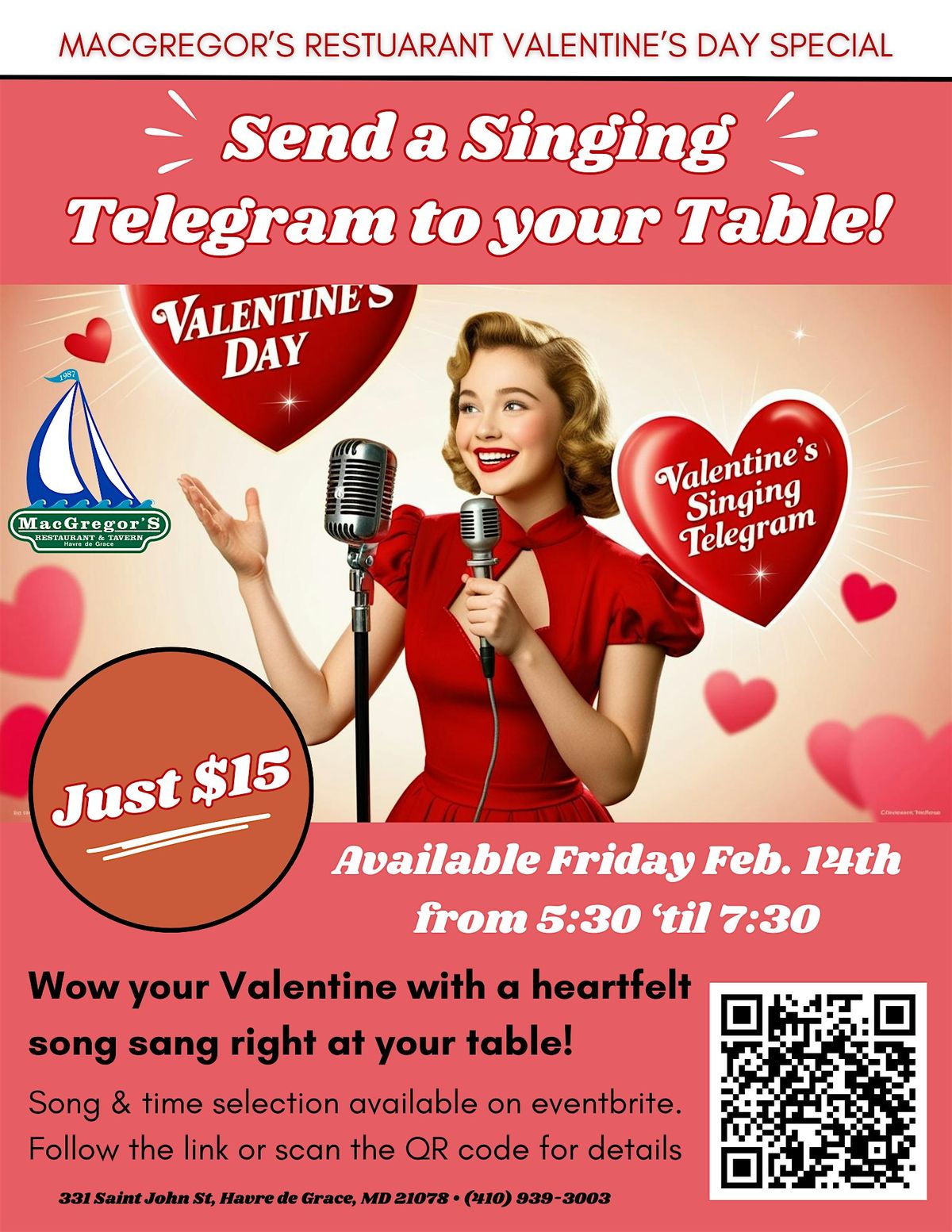 Singing Telegram for your Valentine at MacGregor's Restaurant