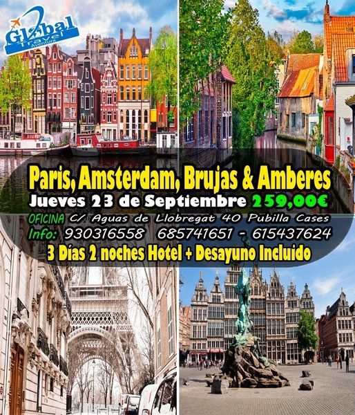 Paris, Amsterdam, Brujas & Amberes por 259,00 Dos Noches de Hotel con Desayunos- Puente de la Merced
