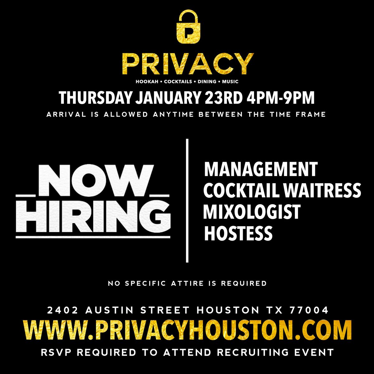 NOW HIRING! HOUSTON TOP VENUES - WAITRESS, MIXOLOGIST, HOSTESS