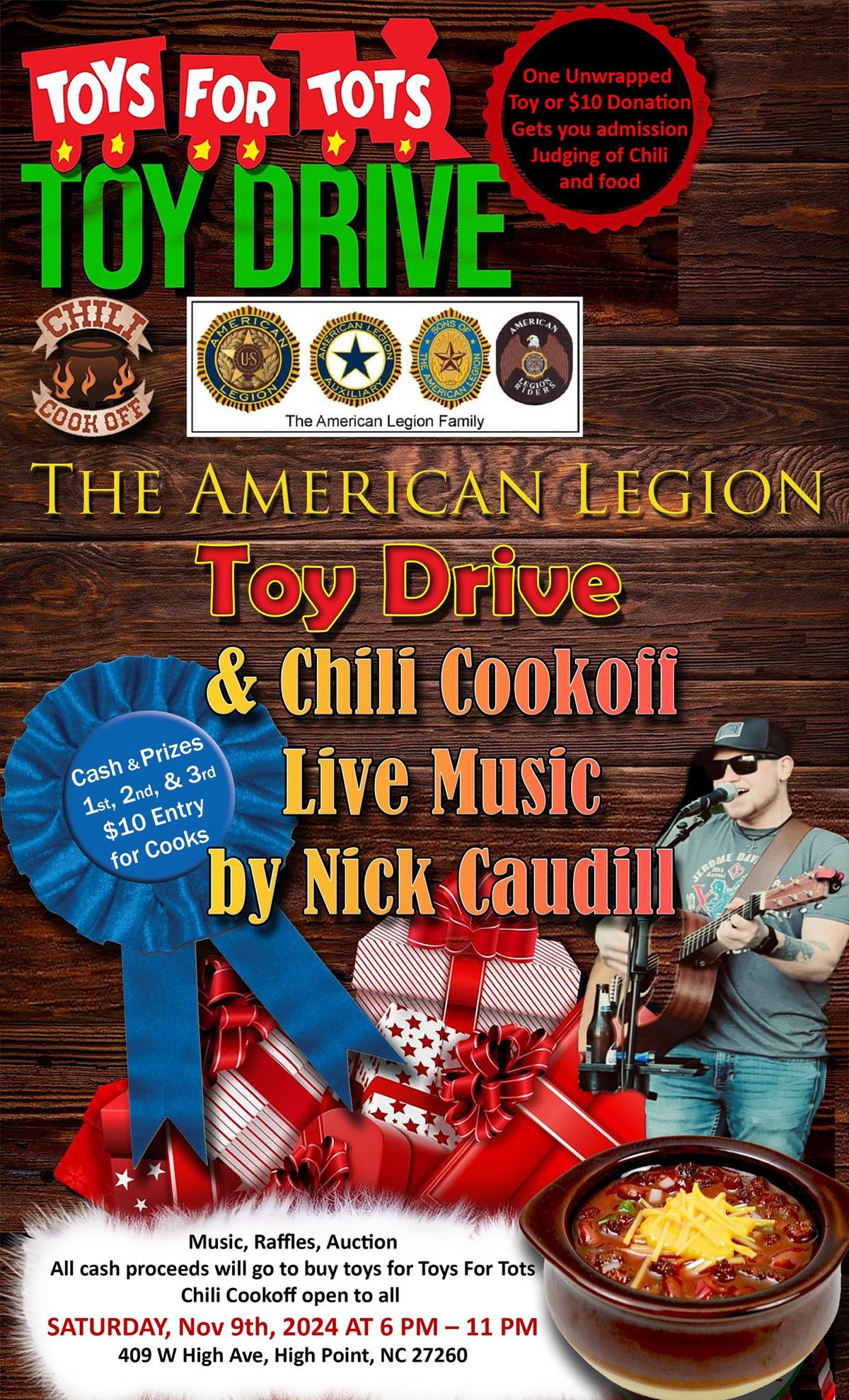 Post 87 Toys for Tots 3rd annual Chili Cookoff Live Music by Nick Caudill