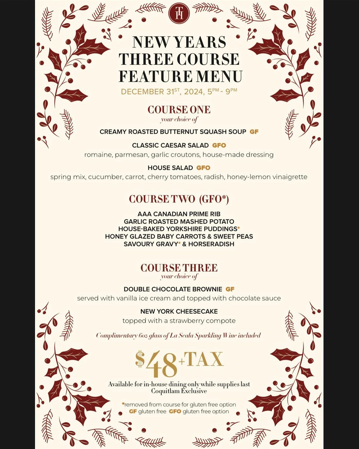 NEW YEAR'S EVE Prime Rib 3 COURSE FEATURE MENU at Taphouse Coquitlam