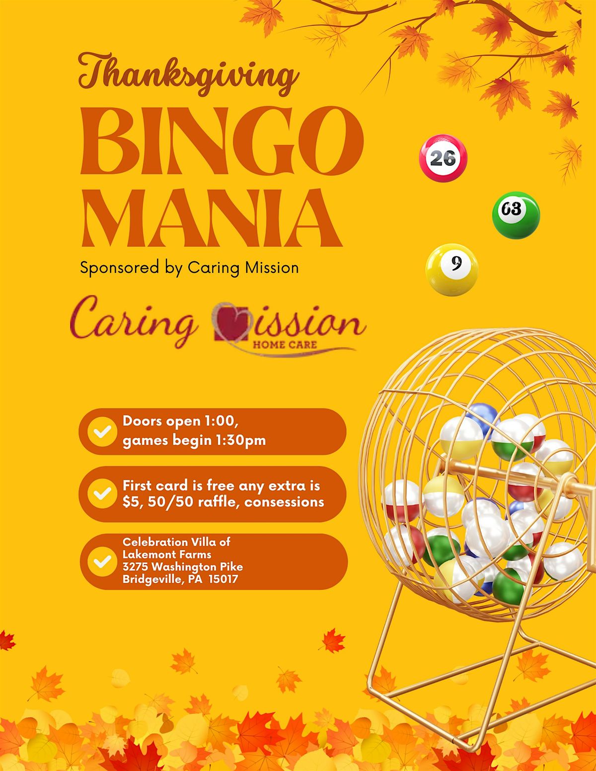 Thanksgiving Bingo Mania Sponsored by Caring Mission Home Care