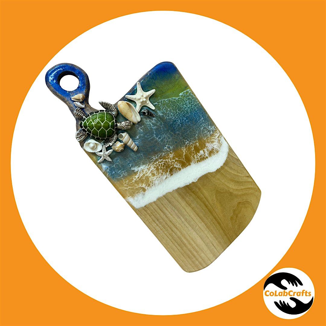 Ocean Themed Resin Cutting board workshop with embellishments bar
