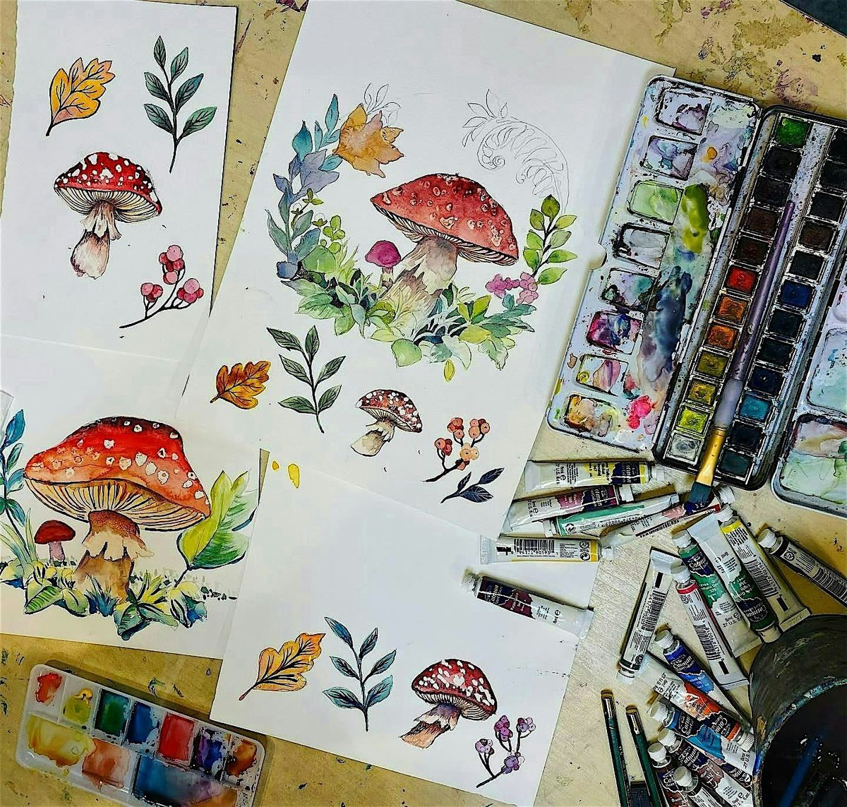 Intro to Watercolor: Fall Leaves and Mushrooms