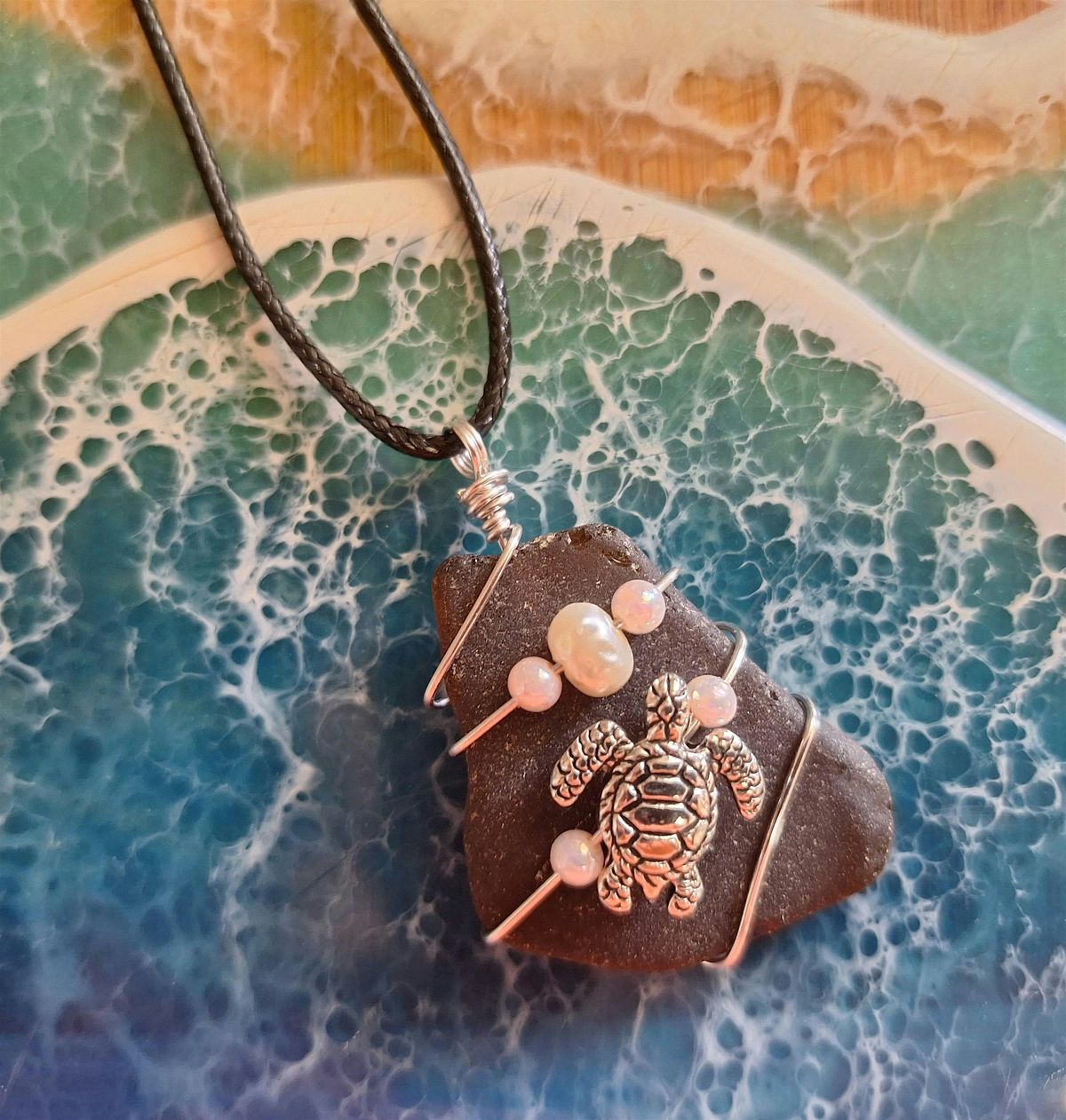 Sea Glass Wire Wrap Necklaces with Sea Turtle Charm