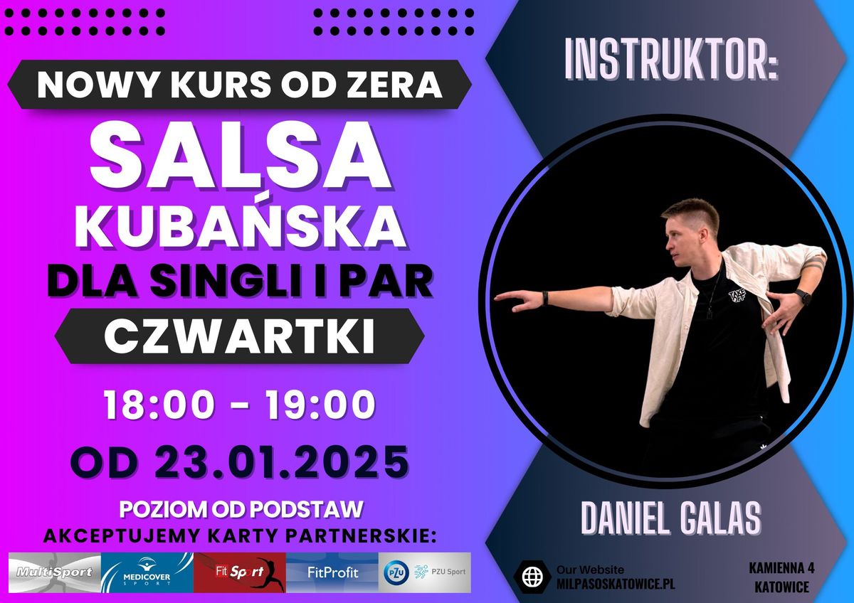 Kurs ta\u0144ca dla SINGLI I PAR - SALSA KUBA\u0143SKA od ZERA! CZWARTEK 18:00 - 19:00 od 23.01.25