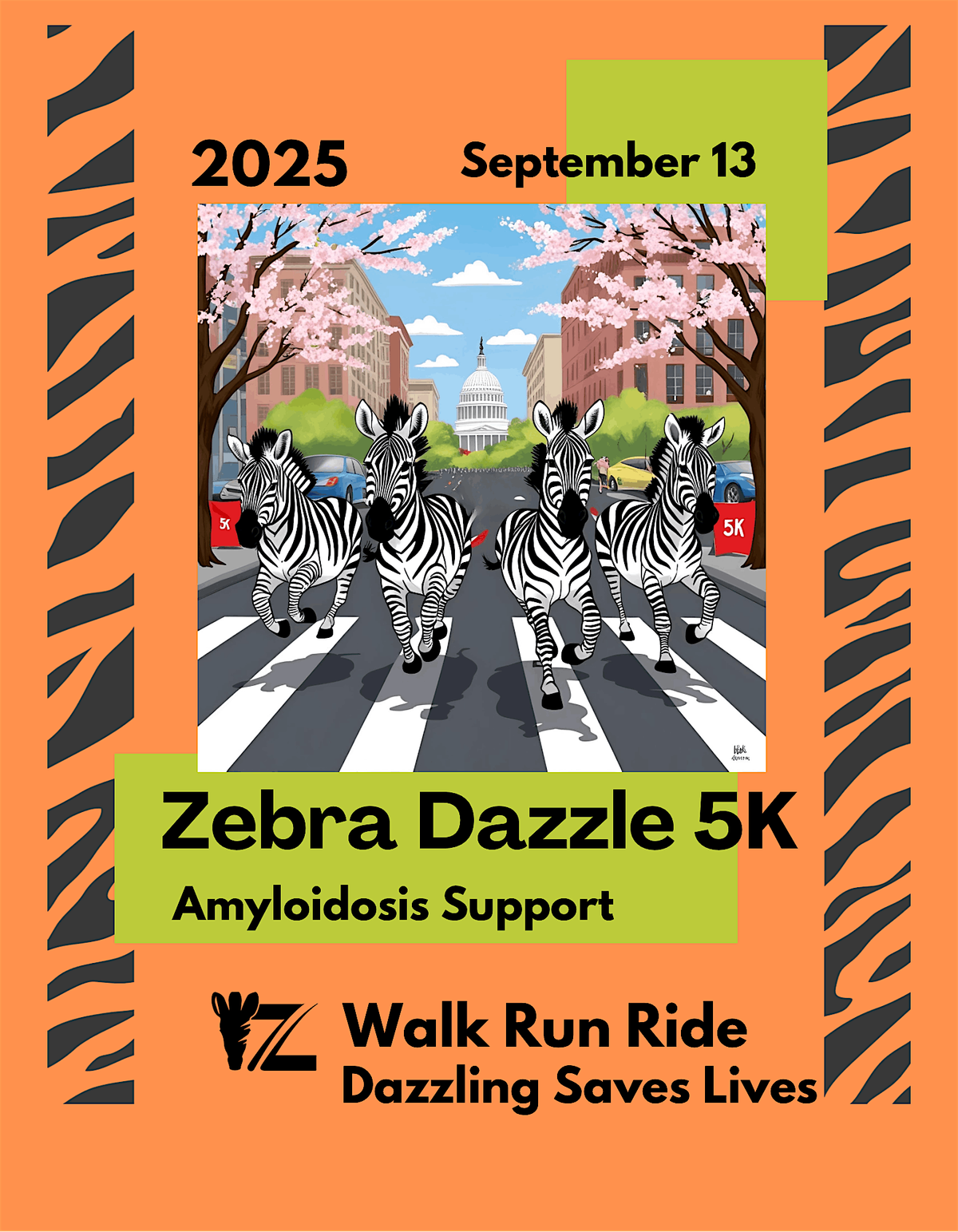 Zebra Dazzle 5k Walk\/Run or 100 Mile -30 Day Bike Challenge