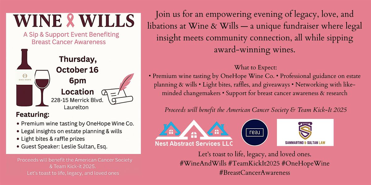 Wine & Wills \u2014 A Sip & Support Event Benefiting Breast Cancer Awareness