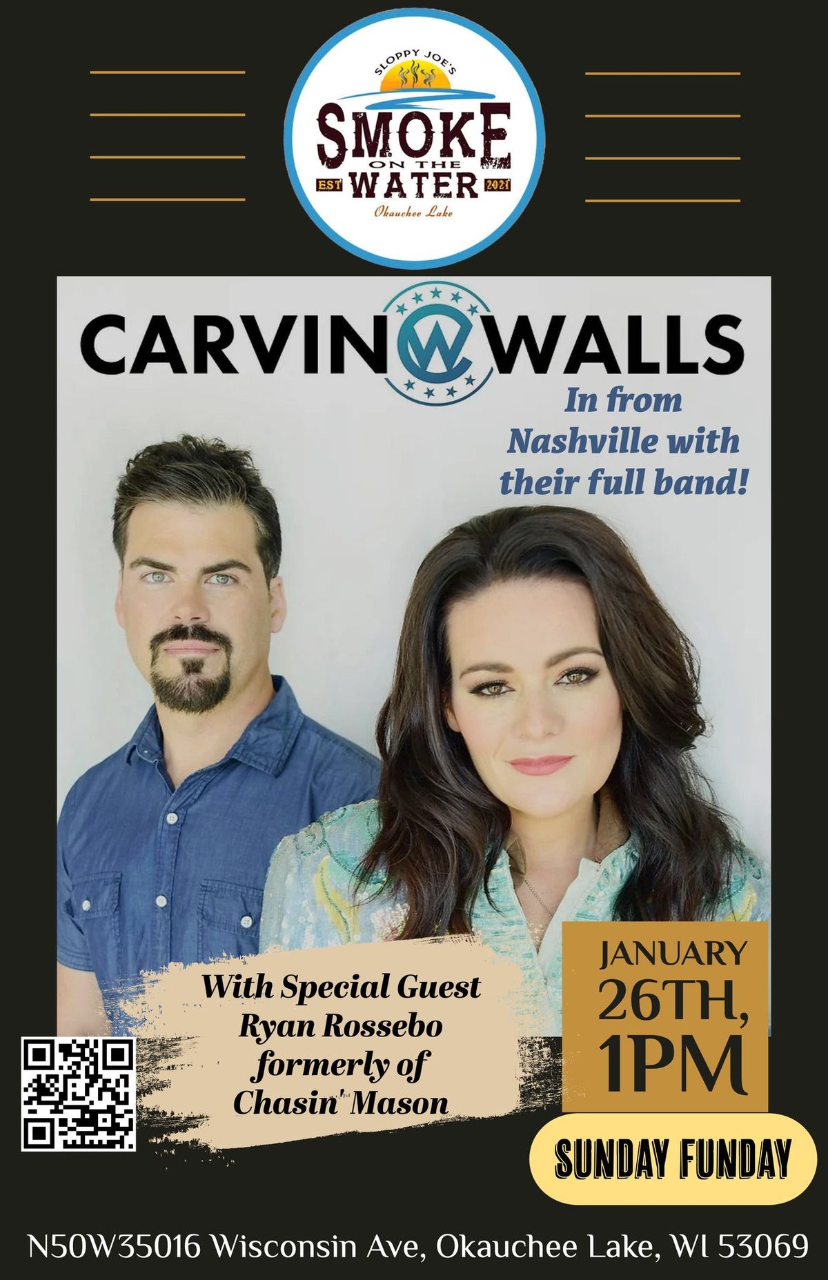 Live Music - Carvin Walls Full Band + Guest Ryan Rossebo - Nashville Sunday Funday on Okauchee Lake