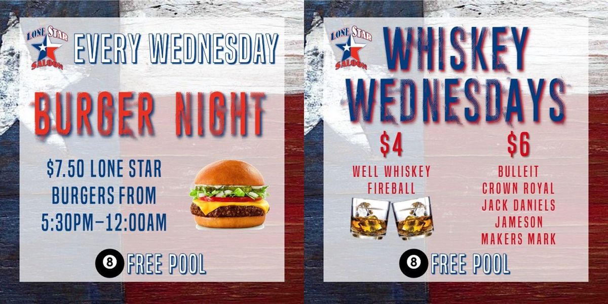 Burger Night, Whiskey Wednesday, Indoor Cornhole!