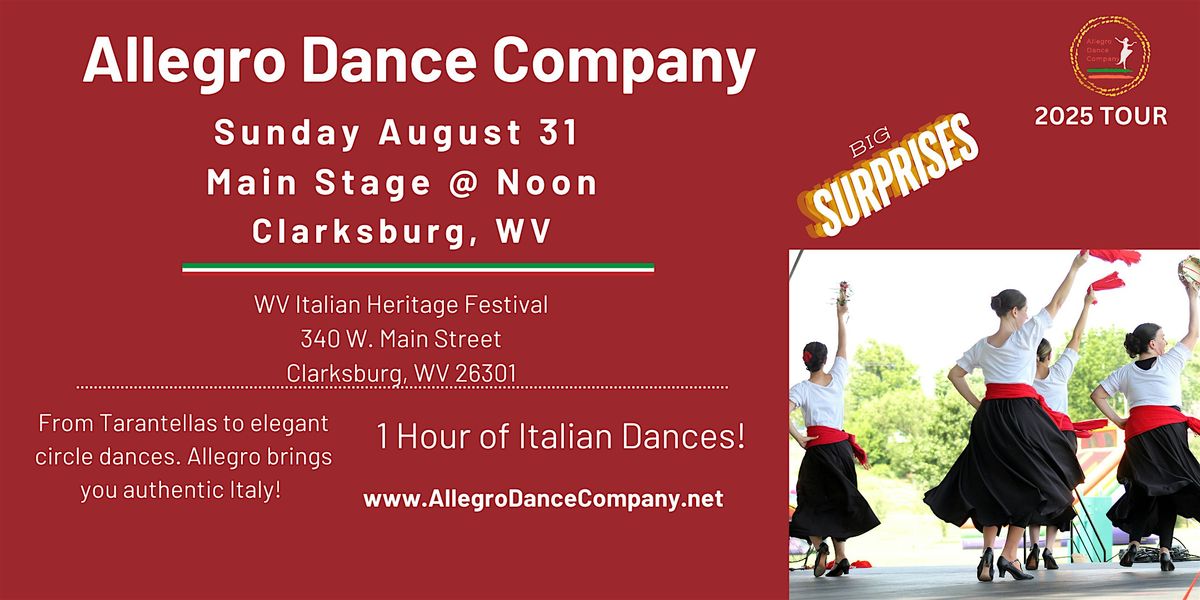 Allegro Dance Company Performs in Clarksburg WV Aug 31 at NOON.