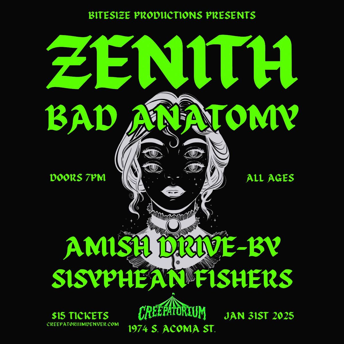 Zenith, Bad Anatomy, Amish Drive-By, and Sisyphean Fishers