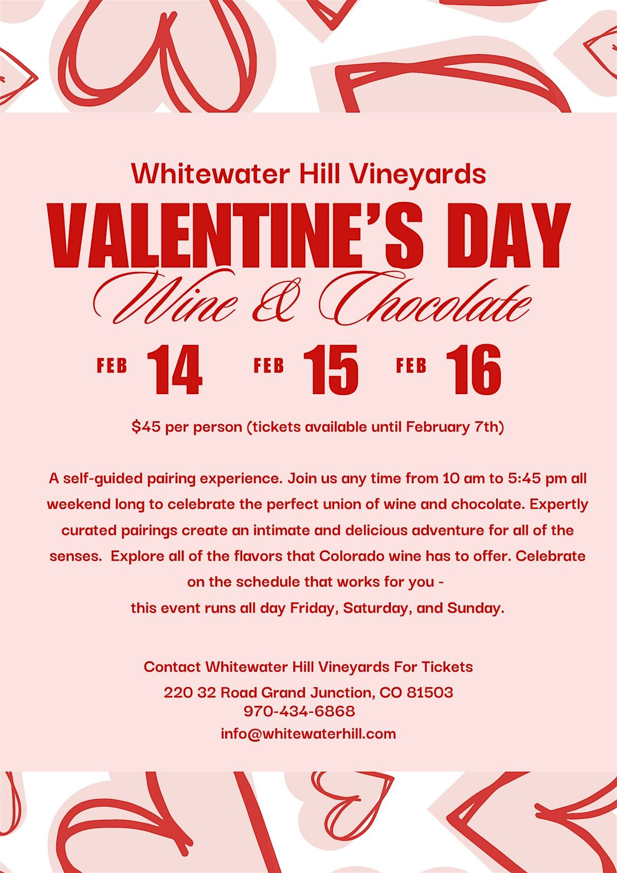 Valentine's Day Wine & Chocolate @ Whitewater Hill Vineyards