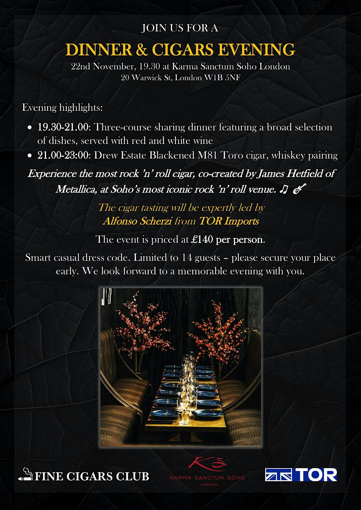 Dinner & Wine Followed by Rooftop Cigar & Whiskey at Karma Sanctum Soho