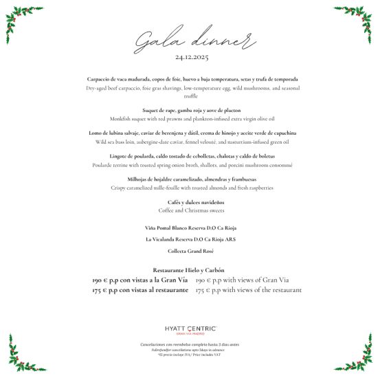 Cena de Gala Nochebuena en Hielo y Carb\u00f3n, Hyatt Centric Gran V\u00eda Hotel 5* Madrid