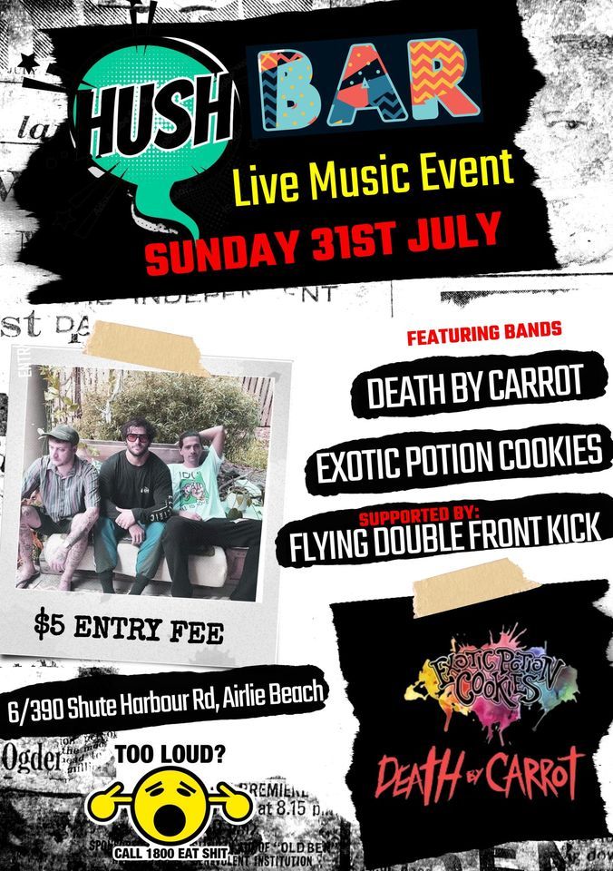 Hush Bar Presents: LIVE MUSIC w\/ DEATH BY CARROT, EXOTIC POTION COOKIES, & FLYING DOUBLE FRONT KICK