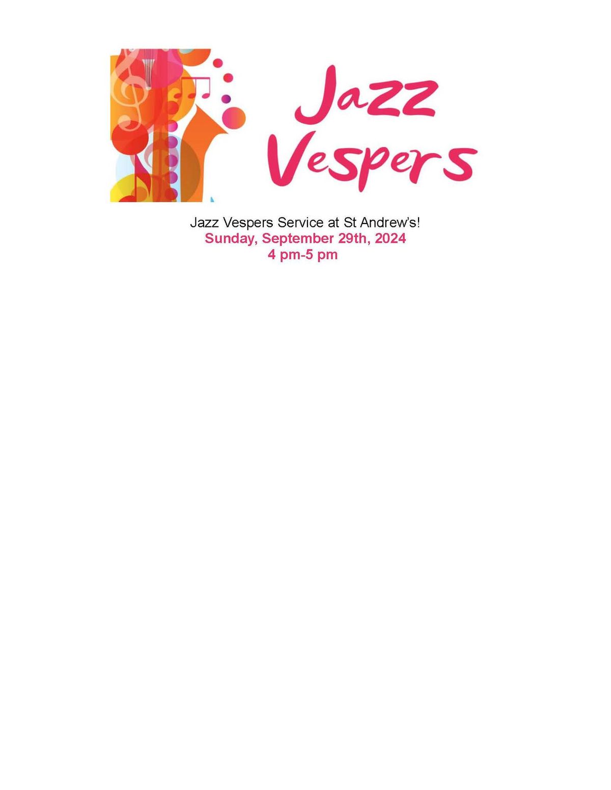 Jazz Vespers, September 29 @ 4pm