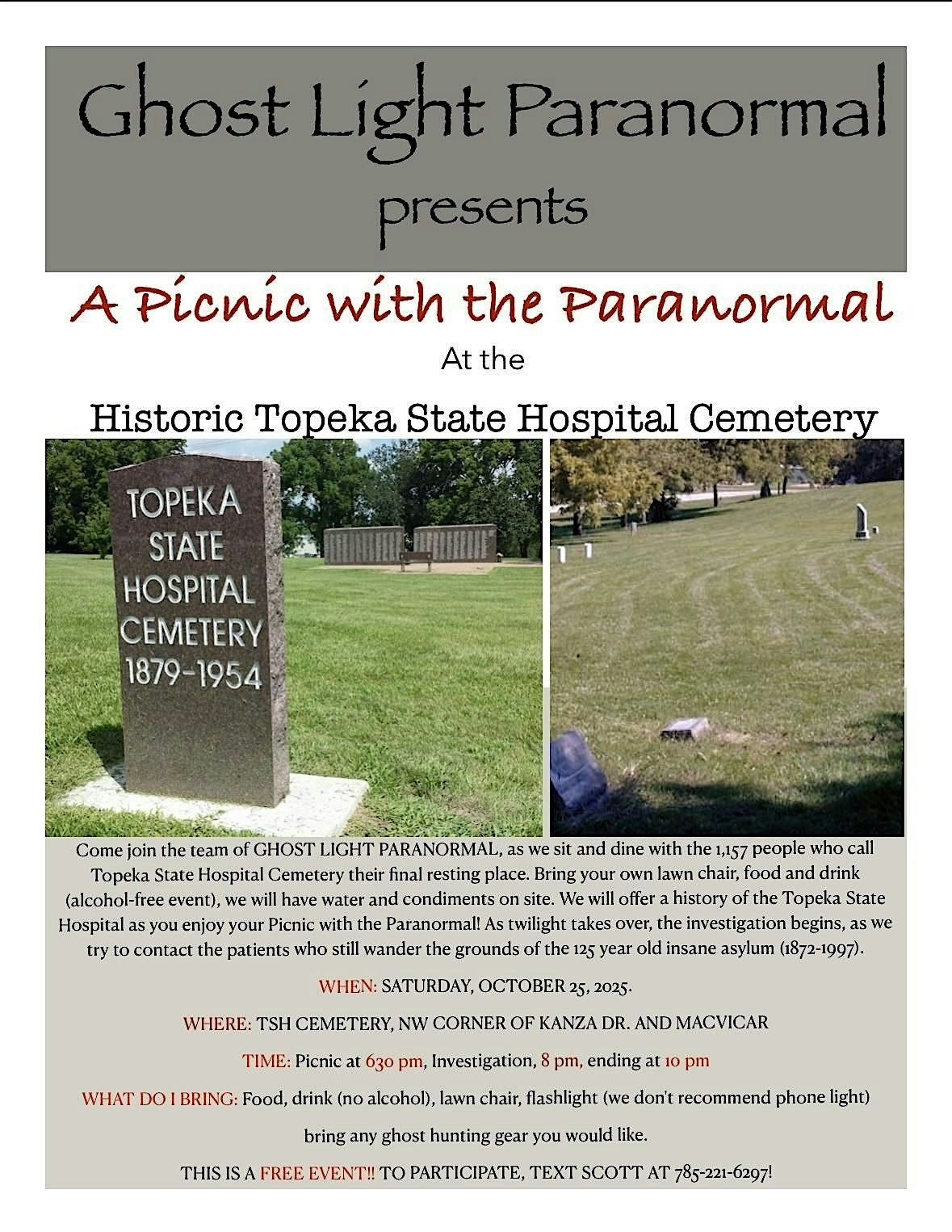 "Picnic with the Paranormal at the Topeka State Hospital Cemetery