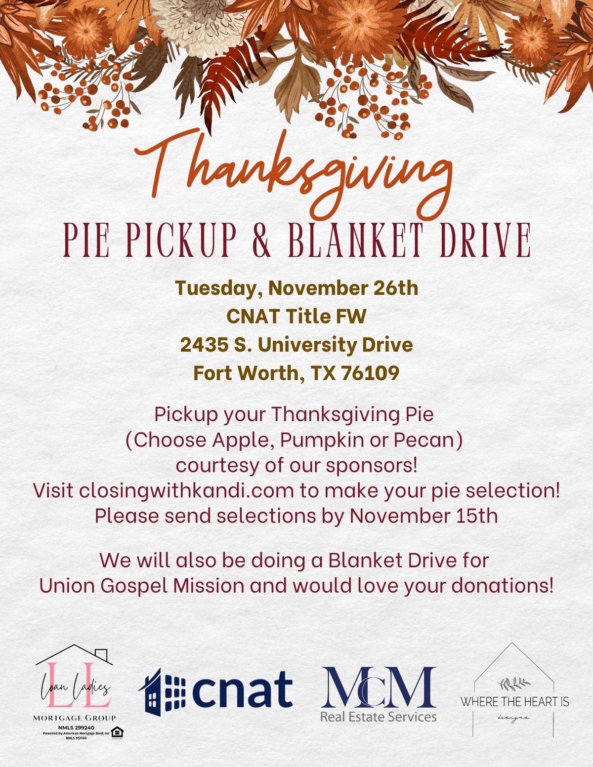 Realtor\u00ae\ufe0f Thanksgiving Pie Pickup & Blanket Drive