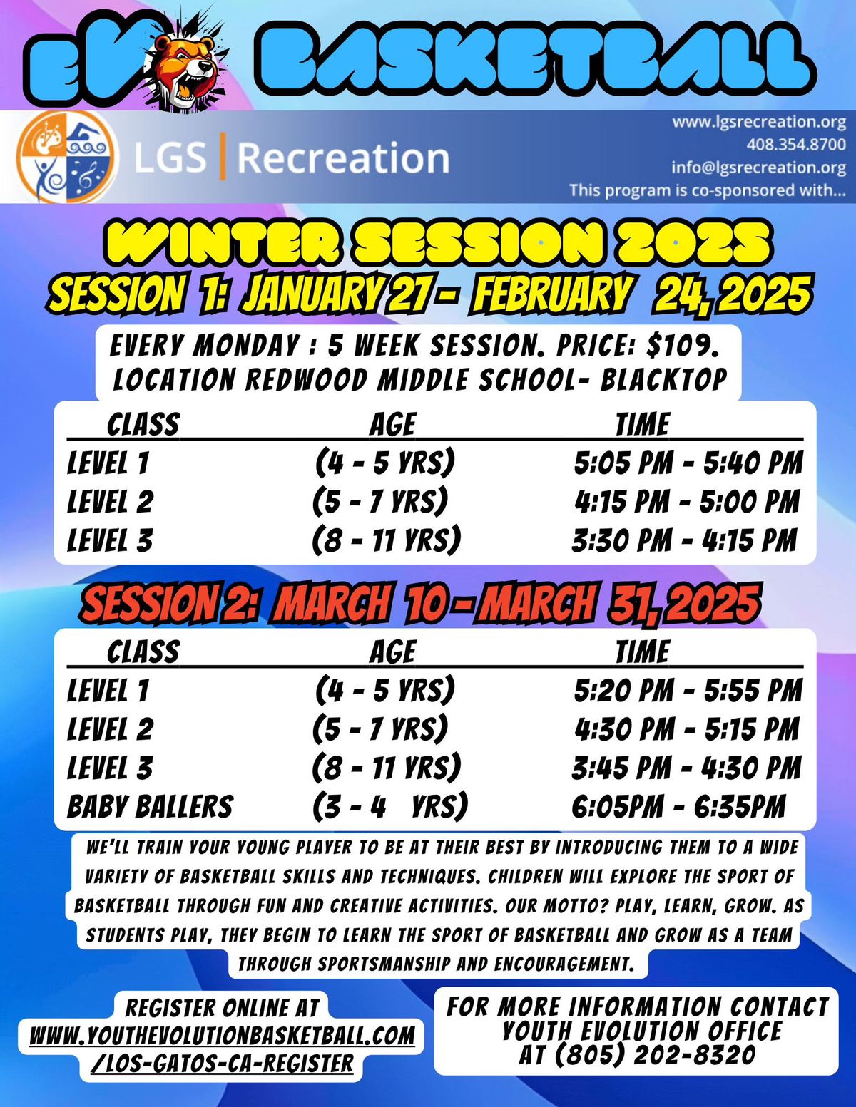 City of Los Gatos Youth Evolution Basketball 2025 Winter Session\/Registration